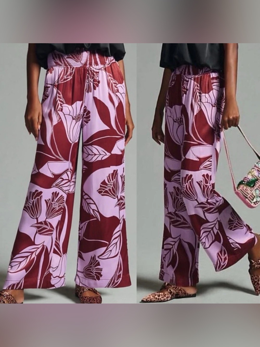 Anthropologie Maeve Saria Smocked Floral Wide-Leg Pants Green | Size M